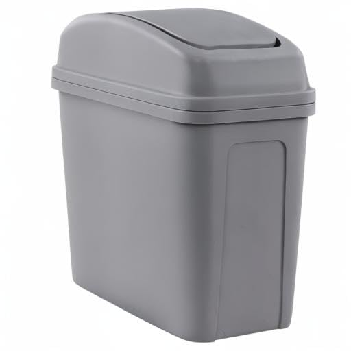 Idotry Plastic Swing Top Trash Can, Small Garbage Bin, 1.8 Gallon, Gray | Convenient Swing Top Lid, Space-Saving Slim Shape, Sturdy Thick Plastic, for bathroom, bedroom, living room