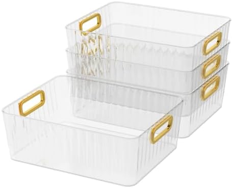 4 Packs Clear Plastic Storage Bin, Pantry Organizer Bin | Clear Containers With Built-in Handles, Multipurpose for Refrigerator, Kitchen, Freezer Organization