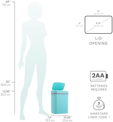 Touchless Motion Sensor Trash Can with Lid, Automatic Infrared Garbage Bin, Narrow Rectangular Bathroom Kitchen Bedroom Office Waste Basket, Soft Close Quiet Seal, Removable Inner Ring (Turquoise)