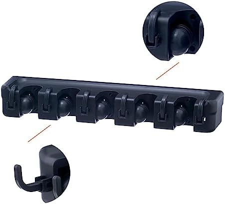 Superio Mop and Broom Holder Wall Mount (Black) Cleaning Tools Wall Organizer, 5 Rack Slots and 6 Hooks for Kitchen Closet Garage Garden and Office