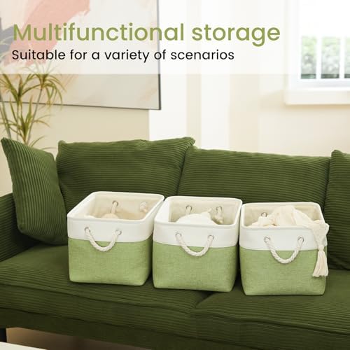 15x11x10 In Foldable Fabric Large Storage Bins with Handle 6 Pack | Organizer Baskets, Sturdy Metal Strand, Cardboard Support Molding, Storage Baskets for Shelves, Closet, Bedroom, White/Green