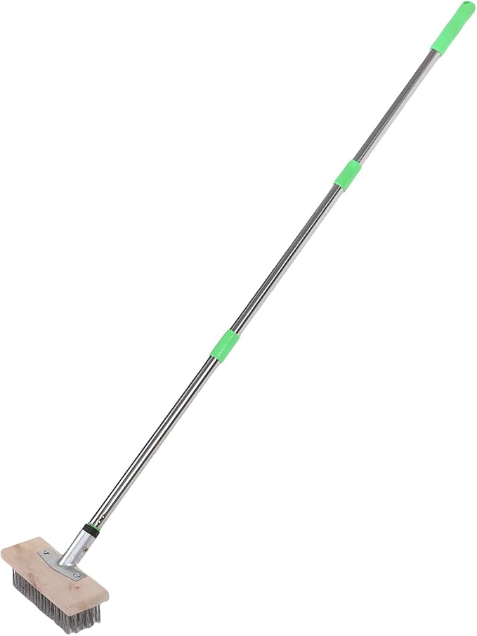 Stainless Steel Floor Scrubber Deck Wire Scratch Scrub Brush Moss Remover for Outdoor Heavy Duty with Long Handle