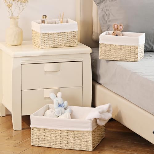 Vagusicc Wicker Basket, Set of 3 Hand-woven Storage Baskets for Organizing, Decorative Bathroom Wicker Storage Basket Bins with Handles, Small Toilet Paper Storage Baskets for Shelves & Decor, Beige
