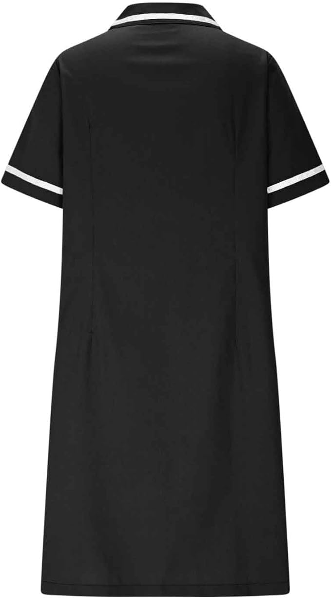 Women's Short Sleeve Work Dress Lapel Button Front Nursing Workwear Casual Housekeeping Scrubs Dress with Pockets