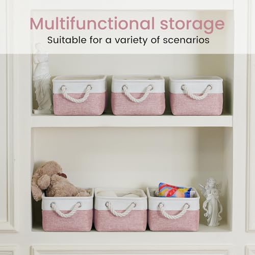 11.8x7.9x5.2 Inch Fabric Small Storage Bins with Handles 3 Pack | Foldable Storage Basket, Sturdy Metal Strand, Cardboard Support Molding, Small Baskets for Organizing, Shelves, White/Pink