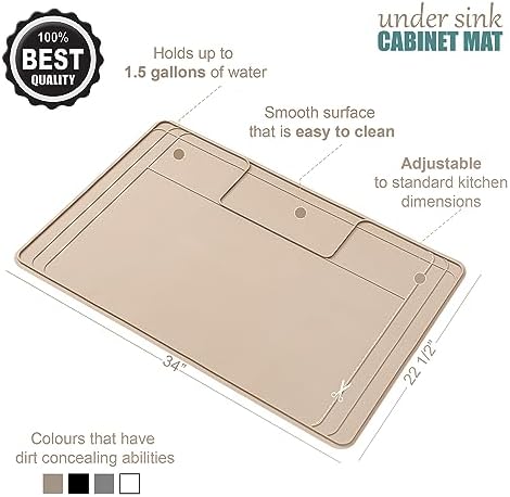 The Original Under Sink Mat - Silicone Waterproof mat, Trimmable, Easy to Clean, Kitchen cabinet liner, Under sink protector mats, Drip Tray with Lip - 34" x 22" or smaller - Beige