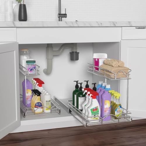 OCG Under Sink Cabinet Organizer Two Tier Pull Out Shelf (11.75W x 17D), Under Sink Sliding Shelf for Kitchen Bathroom Cabinet 2 Tier Chrome