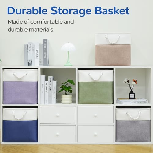 13x13 Inch Foldable Fabric Cube Storage Bins with Handles 6 Pack | Sturdy Metal Strand, Cardboard Support Molding, Storage Basket, Cube Storage Bin for Shelves, Closet, Bedroom, White/Blue