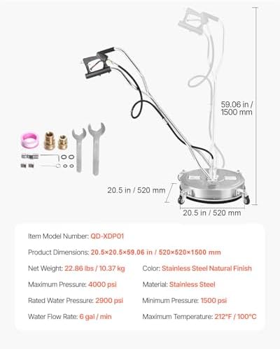 VEVOR 20 Inch Pressure Washer Surface Cleaner, 4000 PSI Stainless Steel Attachment with 4 Wheels, 2 Nozzles, 3/8 Inch Quick Connect and Dual Handle for Concrete, Patio, Sidewalk