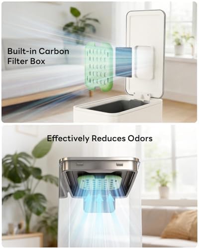 10L/2.6G Slim Bathroom Trash Can, Narrow Stainless Steel Soft-Close Step Pedal Bin with Lid, Odor Control Carbon Box, Removable Inner Bucket, Small Waste Bin for Bedroom, Office, RV (White)