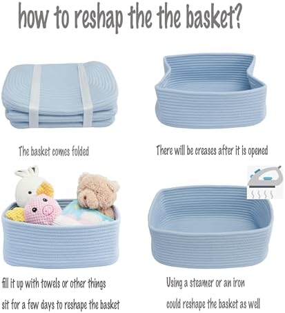 XUANGUO Small Woven Storage Baskets for Shelves, 13" x 9" x 5", Blue | Decorative rope storage bins for closets and toy storage; cute organizer baskets, empty gift baskets and nursery storage.