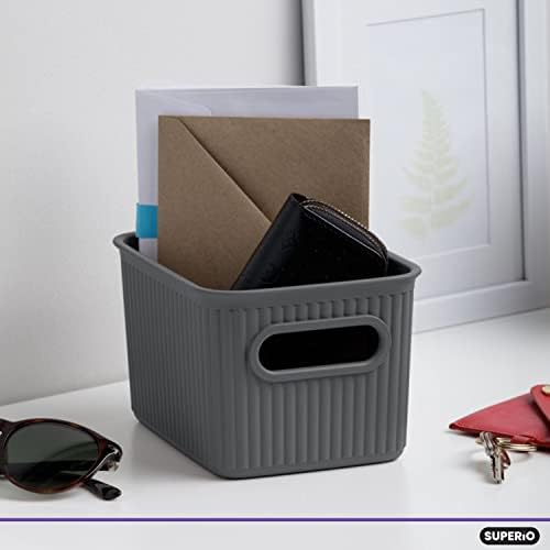 Superio Ribbed Collection - Decorative Plastic Basket Open Home Storage Bins Organizer, Small Grey (2 Pack) Container Boxes for Organizing Closet Storage Bins for Shelves Drawer Shelf 1.5 Liter