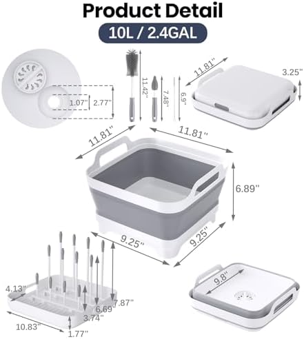 Volnamal Collapsible Wash Basin with Drying Rack & Drain Plug, Gray | Portable 2.4 Gal Dish Tub, Foldable Basin for Baby Bottle, Vegetable, Camping Sink, Kitchen, RV, Camp, Outdoor Space-Saving