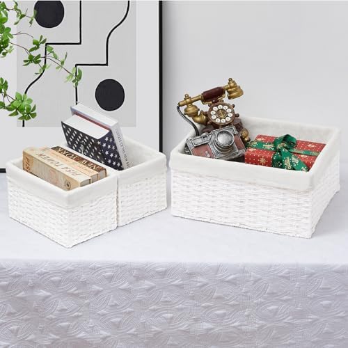 Vagusicc Wicker Basket, Set of 3 Hand-woven Storage Baskets for Organizing, Decorative Rectangle Wicker Storage Basket Bins with Handles, Small Toilet Paper Storage Baskets for Shelves & Decor, White