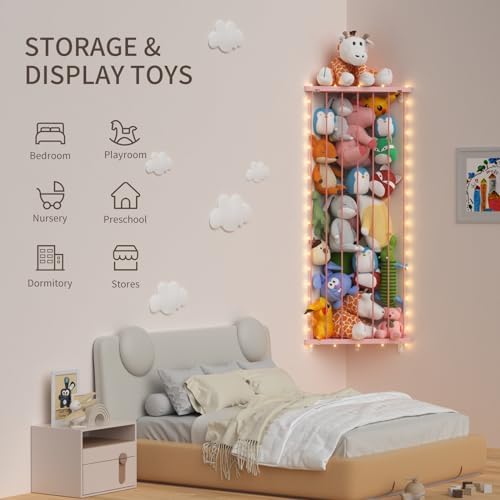 Stuffed Animal Storage Shelf Organizer(Patented) - Corner Stuffed Animal Holder Length Adjustable - Wall Plush Storage for Nursery Playroom Bedroom Kids Room (Pink+Light, Standard)