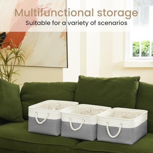 15.7x11.8x8.26 Inch Fabric Large Storage Bins with Handles 3 Pack | Foldable, Sturdy Metal Strand, Cardboard Support Molding, Fabric Storage Baskets for Shelves, Closet, Bedroom, White/Gray