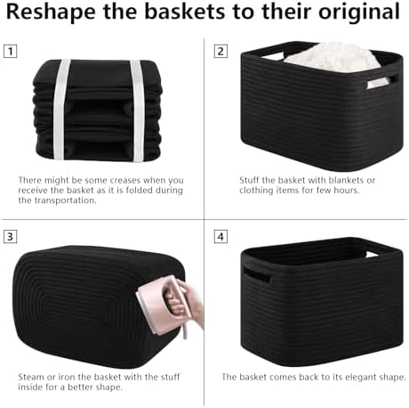 4 Pack Storage Baskets for Organizing Toys, Towels, and Clothes, Woven Basket for Shelves, Sturdy Nursery Cube Bins for Storage, 13''L x9''W x7.8''H, Black