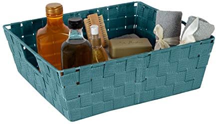 Simplify Large Shelf Woven Strap Tote | Decorative Storage Basket | Built in Handles | Organization | Closet | Bedroom | Bathroom | Nursery | Accessories | Toys | Gifts | 1 Pack | Sapphire