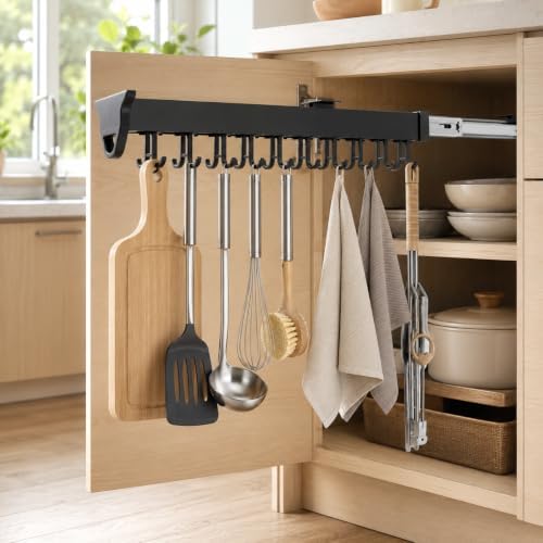 Sliding Broom Storage Rack, Shelf Broom Pull Out with 20 Removable Hooks | 66 lbs Broom Organizer stand for Home Laundry Wardrobe Kitchen Garage Cupboard