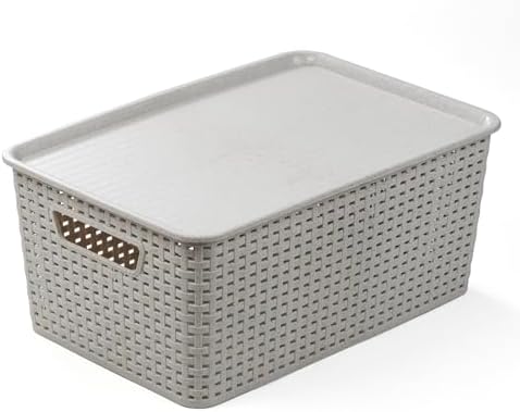 BINO | Plastic Storage Baskets with Lids, 15.5 Liter - 3 Pack, Natural Grey | THE WOVEN COLLECTION | Storage Basket for Shelves | Woven Storage Baskets for Organizing Bins | Pantry Shelf Organizer Bin