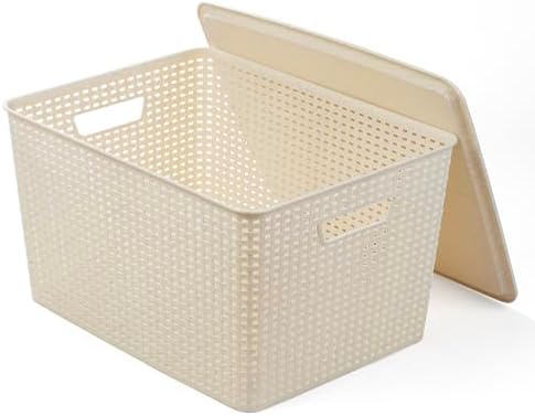 BINO | Plastic Storage Baskets with Lids, 33 Liter - 3 Pack, Natural | THE WOVEN COLLECTION | Storage Basket for Shelves | Woven Storage Baskets for Organizing Bins | Pantry Shelf Organizer Bin