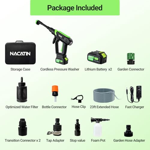Cordless Portable Washer, 5 Gear Brushless Washer for Car Washing, Patio, Fence, Driveway, Outdoor Cleaning, with 2 Batteries, 6 in 1 Nozzle, 6 Meter Hose, Tap Adapter