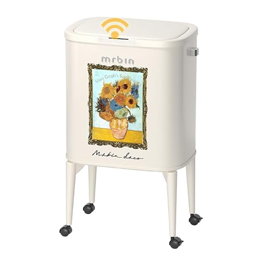 MRBIN Metal Motion Sensor Kitchen Trash Can with Wheel Legs, 36L / 9.5gal Slim Waste Basket with Lid, Pet Proof Tall Narrow Garbage Pail for Vanity, Bedroom, Bathroom, Living Room, Sunflower
