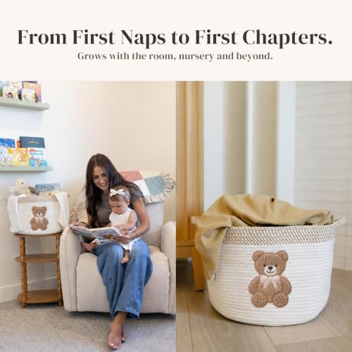 Teddy Bear Baby Storage Basket, Woven Cotton Rope Nursery Bin, 15x11 in | Stuffed Animal and Blanket Storage, Embroidered Bear Patch, Gender Neutral Nursery Decor, Shower Gift, Playroom Organizer