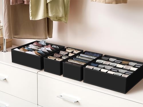 Simple Houseware 4-Pack Drawer Organizer Set for Underwear/Socks/Bra, Black | Closet Dividers for Underwear, Socks, Bras, Scarves, Ties - Foldable Non-Woven Storage Boxes