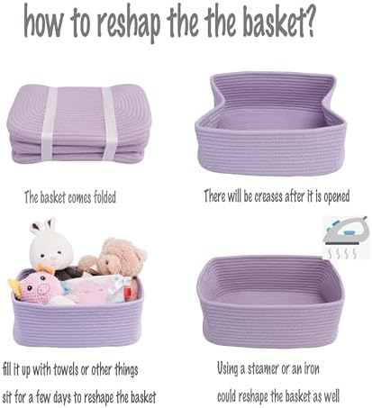 XUANGUO Small Woven Storage Baskets for Shelves, 12" x 8" x 5", Purple | Decorative rope storage bins for closets and toy storage; cute organizer baskets, empty gift baskets and nursery storage.