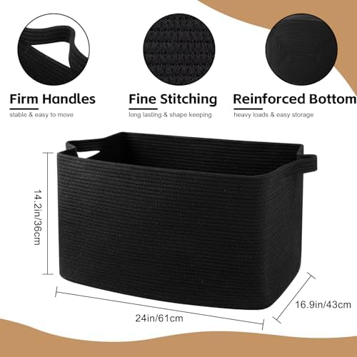 OIASKET 95L Large Blanket Basket, Black Blanket Storage Living Room, Rectangle Woven Baskets for Storage Toys, Towels, Dirty Clothes Organizer Bins (Black)