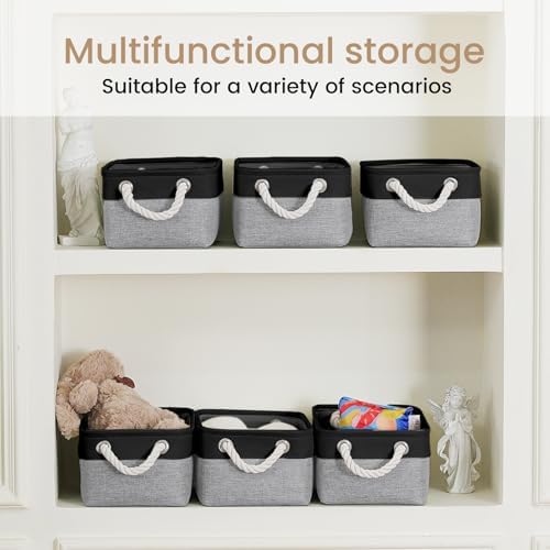 11.8x7.9x5.2 Inch Fabric Small Storage Bins with Handles 6 Pack | Foldable Storage Basket, Sturdy Metal Strand, Cardboard Support Molding, Small Baskets for Organizing, Shelves, Black/Gray