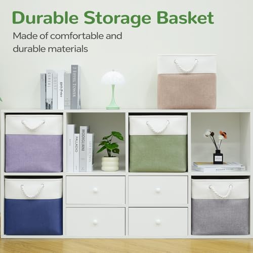 13x13 Inch Foldable Fabric Cube Storage Bins with Handles 6 Pack | Sturdy Metal Strand, Cardboard Support Molding, Storage Basket, Cube Storage Bin for Shelves, Closet, Bedroom, White/Green