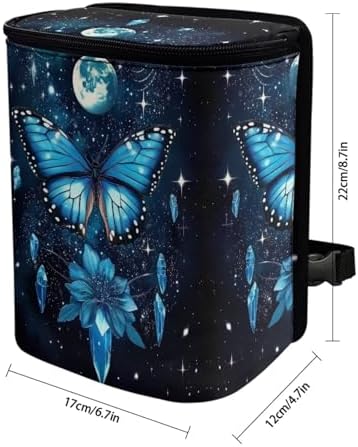 Butterfly Floral and Moon Pattern Car Trash Can with Lid and Zipper Portable Foldable Trash Bin for Car Interior Accessories Multipurpose Garbage Can Bags Storage Organizer