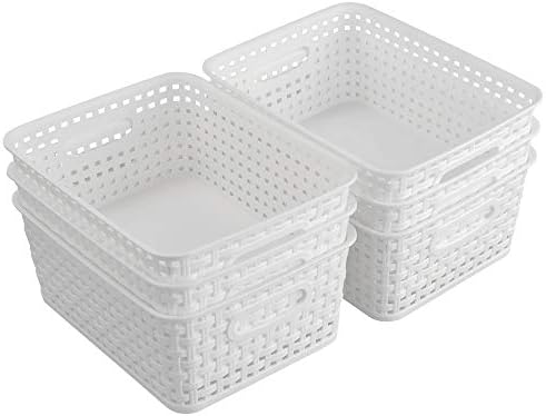 6-Pack White Storage Baskets, Plastic Weave Basket for Organizing | Woven Design, Built-in Handles, High Quality Organizer Basket for Storage