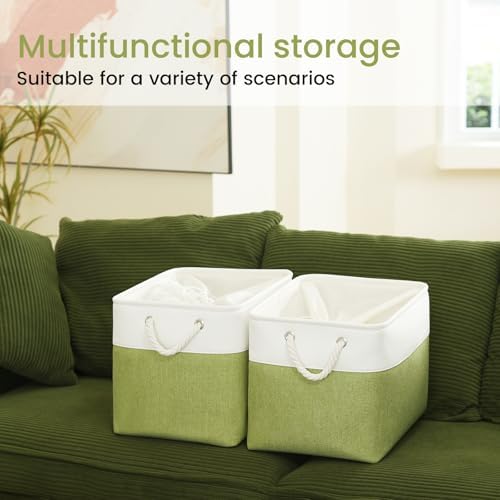 16x12x12 In Foldable Fabric Large Storage Bins with Handle 1 Pack | Storage Basket with Draw String Top, Sturdy Metal Strand, Cardboard Support Molding, for Shelf, Closet, Bedroom, White/Green