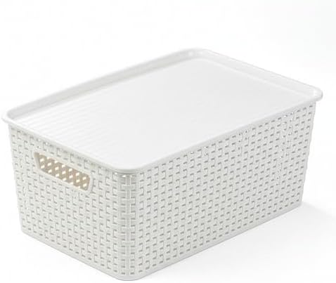 BINO | Plastic Storage Baskets with Lids, 15.5 Liter - 3 Pack, White | THE WOVEN COLLECTION | Storage Basket for Shelves Woven Storage Baskets for Organizing Bins Pantry Shelf Organizer Container Bin