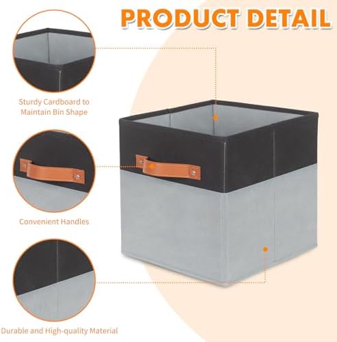 ShellKingdom Storage Bins, Two-Tone Foldable Fabric Storage Cubes with Leather Handle for Closet Toys Clothes Storage Organizer Drawer, 10.5 X 10.5 X 11 inch, 2 Pack (Black/Grey)