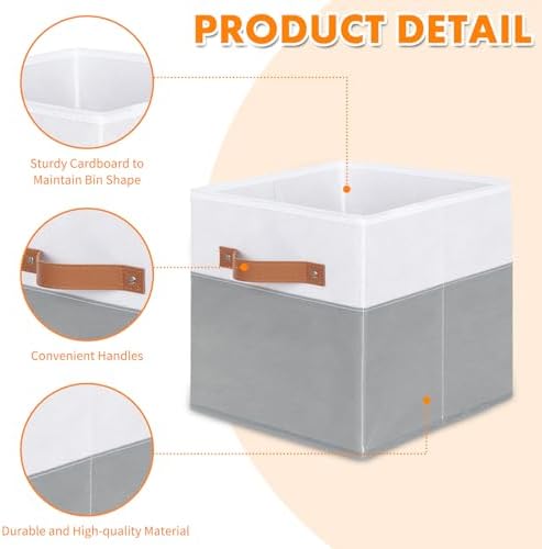 ShellKingdom Storage Bins, Two-Tone Foldable Fabric Storage Cubes with Leather Handle for Closet Toys Clothes Storage Organizer Drawer, 10.5 X 10.5 X 11 inch, 2 Pack (White/Grey)