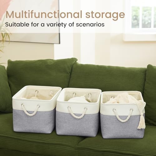 15x11x10 In Foldable Fabric Large Storage Bins with Handle 3 Pack | Organizer Baskets, Sturdy Metal Strand, Cardboard Support Molding, Storage Baskets for Shelves, Closet, Bedroom, White/Gray