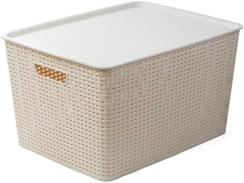 BINO | Plastic Storage Baskets with Lids, 45 Liter - 3 Pack, Natural | THE WOVEN COLLECTION | Storage Basket for Shelves | Woven Storage Baskets for Organizing Bins | Pantry Shelf Organizer Bin