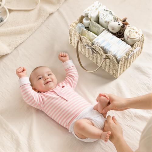 HBlife Baby Diaper Caddy, Paper Rope Storage Baskets Nursery Bin with Removable Divider, Portable Car Organizer for Diapers, Baby Shower Gifts, Newborn Essentials Must Haves