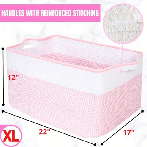 MINTWOOD Design 22in Extra Large Blanket Basket Holder Living Room, Rectangle Rope Woven Storage Basket with Handles for Laundry, Pool Towels, and Shoes, Dog Toy Organizer Bin Box, Light Pink