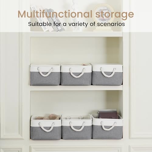 13.8x9.8x6.7 Inch Fabric Small Storage Bins with Handles 3 Pack | Foldable Storage Basket, Sturdy Metal Strand, Cardboard Support Molding, Small Baskets for Organizing, Shelves, White/Gray
