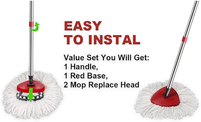 Spin Mop Replacement Set Compatible with OCedar EasyWring 1-Tank | Include 2 Spin Mop Head Replacement, 1 Base, 1 Mop Handle (30-58in) Combo Microfiber Mops Set Floor Cleaning (1-Tank System)