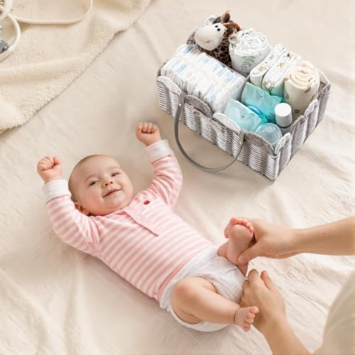 HBlife Large Baby Diaper Caddy, Paper Rope Storage Baskets Nursery Bin with Removable Divider, Portable Car Organizer for Diapers, Baby Shower Gifts, Newborn Essentials Must Haves