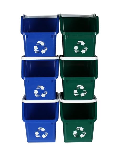Multi Bin 6 Gallon Stackable Recycle Bins, Trash Can Kitchen Recycling Set | Recycling containers stackable design that saves floor space, while open-front bins with ergonomic handles ensure quick