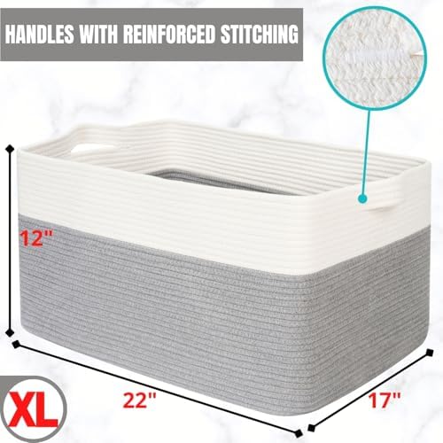 MINTWOOD Design 22in Extra Large Blanket Basket Holder Living Room, Rectangle Rope Woven Storage Basket with Handles for Laundry, Pool Towels, and Shoes, Dog Toy Organizer Bin Box, Gray