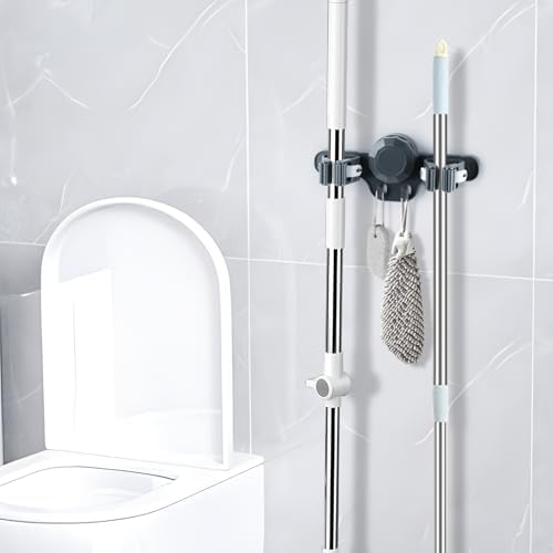 2 Pack Broom Holder Mop Hanger Wall Mount - Strong Suction Cup Mop and Broom Organizer with Hooks, Space Saving Removable Rack for Laundry Room Garden Garage (Grey)