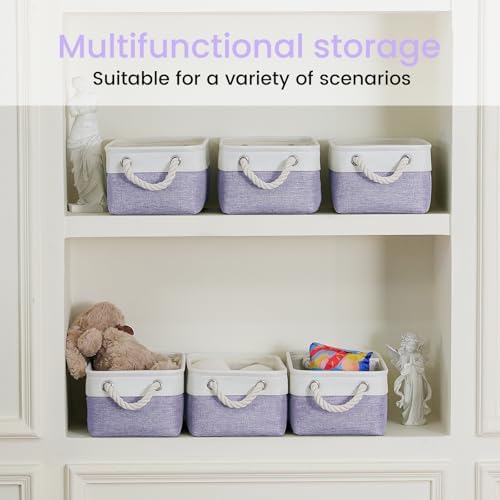 11.8x7.9x5.2 Inch Fabric Small Storage Bins with Handles 6 Pack | Foldable Storage Basket, Sturdy Metal Strand, Cardboard Support Molding, Small Baskets for Organizing, Shelves, White/Purple